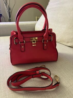 Charming Charlie Red Satchel with Gold Hardware